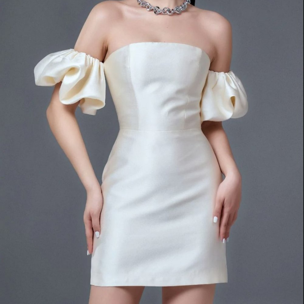 Taffeta Puffy Sleeves Mini Dress S in Ivory